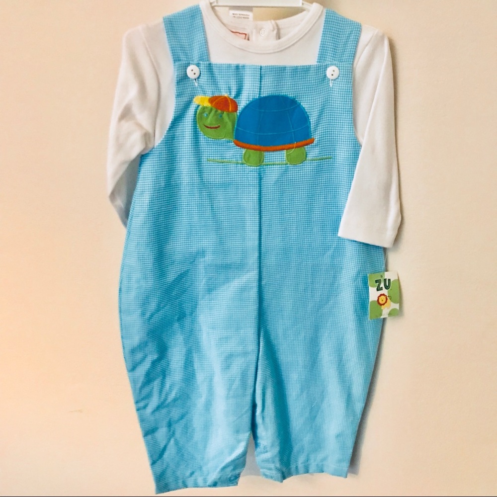 NWT Petit Ami baby boys blue turtle overalls